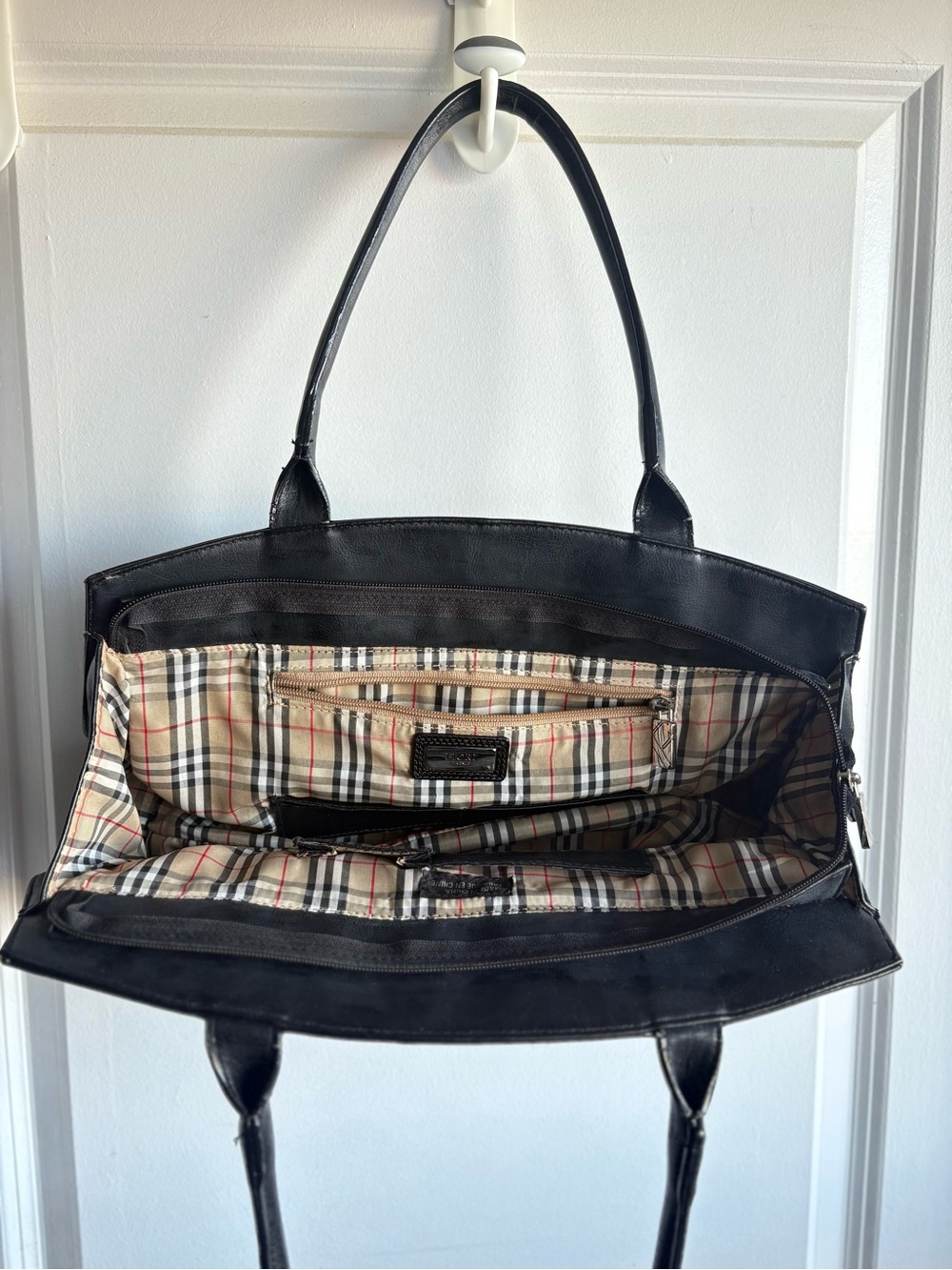 Fiori Vintage Black Structured Shoulder Bag Plaid Lining Y2K Tote